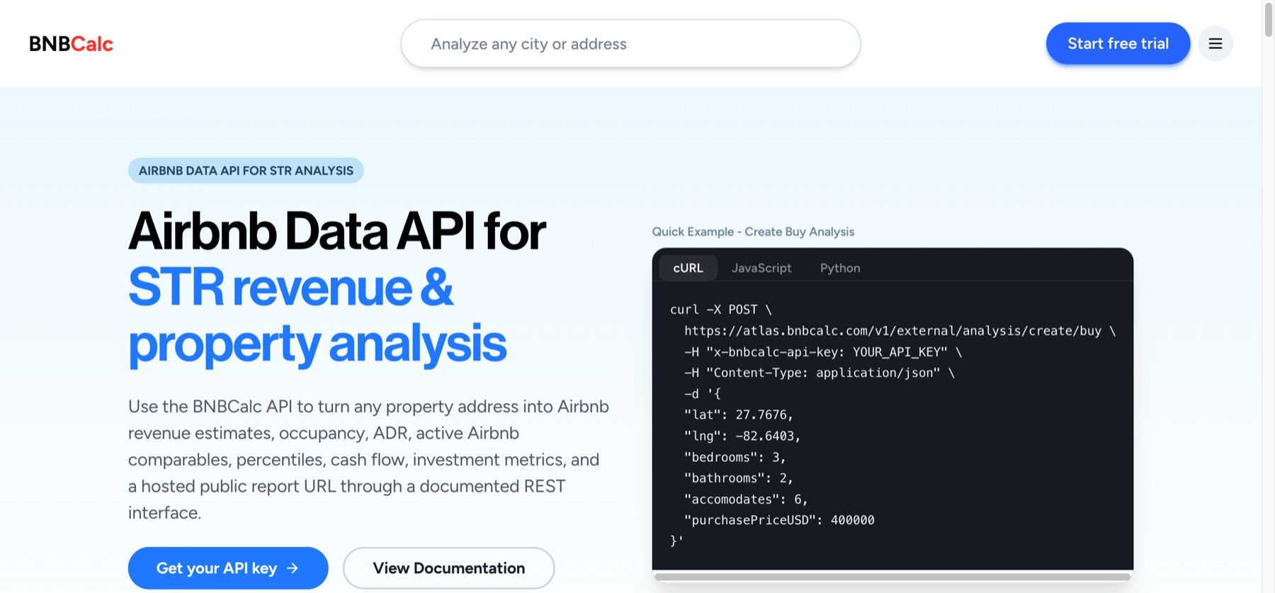 The BNBCalc API landing page showing a cURL example that posts an address, 3 bedrooms, 2 bathrooms and a $400,000 purchase price to the create/buy endpoint