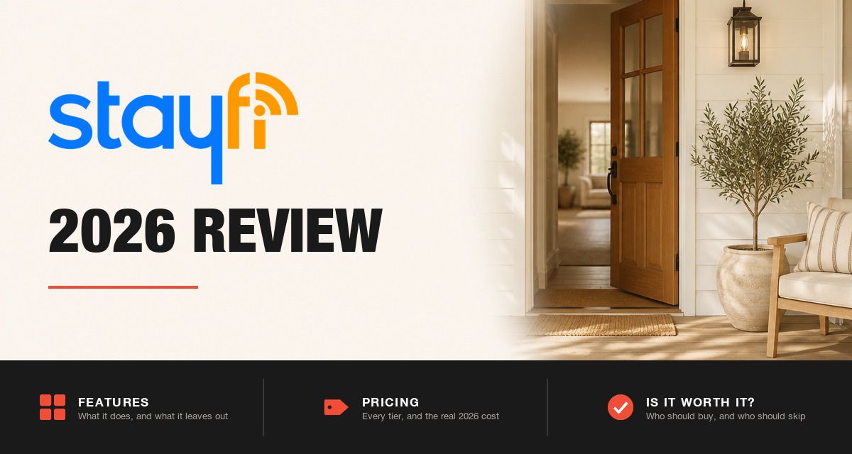 StayFi 2026 review hero image: StayFi branding beside a rental home's front porch