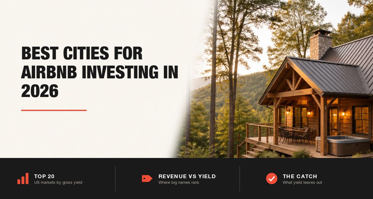 Wooden forest cabin with a hot tub on its deck, beside the title Best Cities for Airbnb Investing in 2026