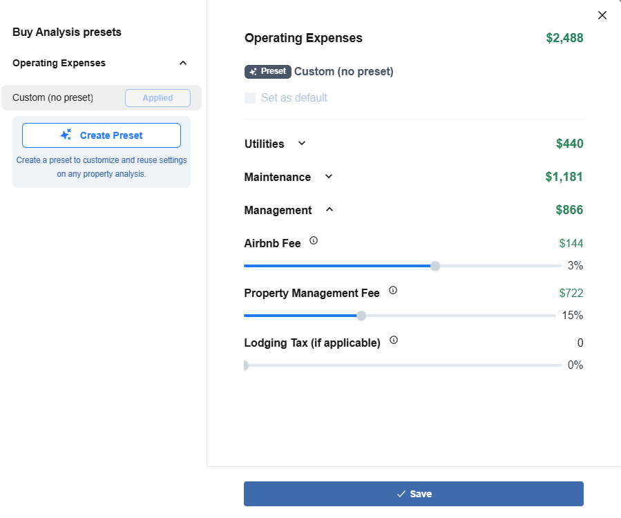 A computation of an Airbnb's operating expenses with a 15% property management fee