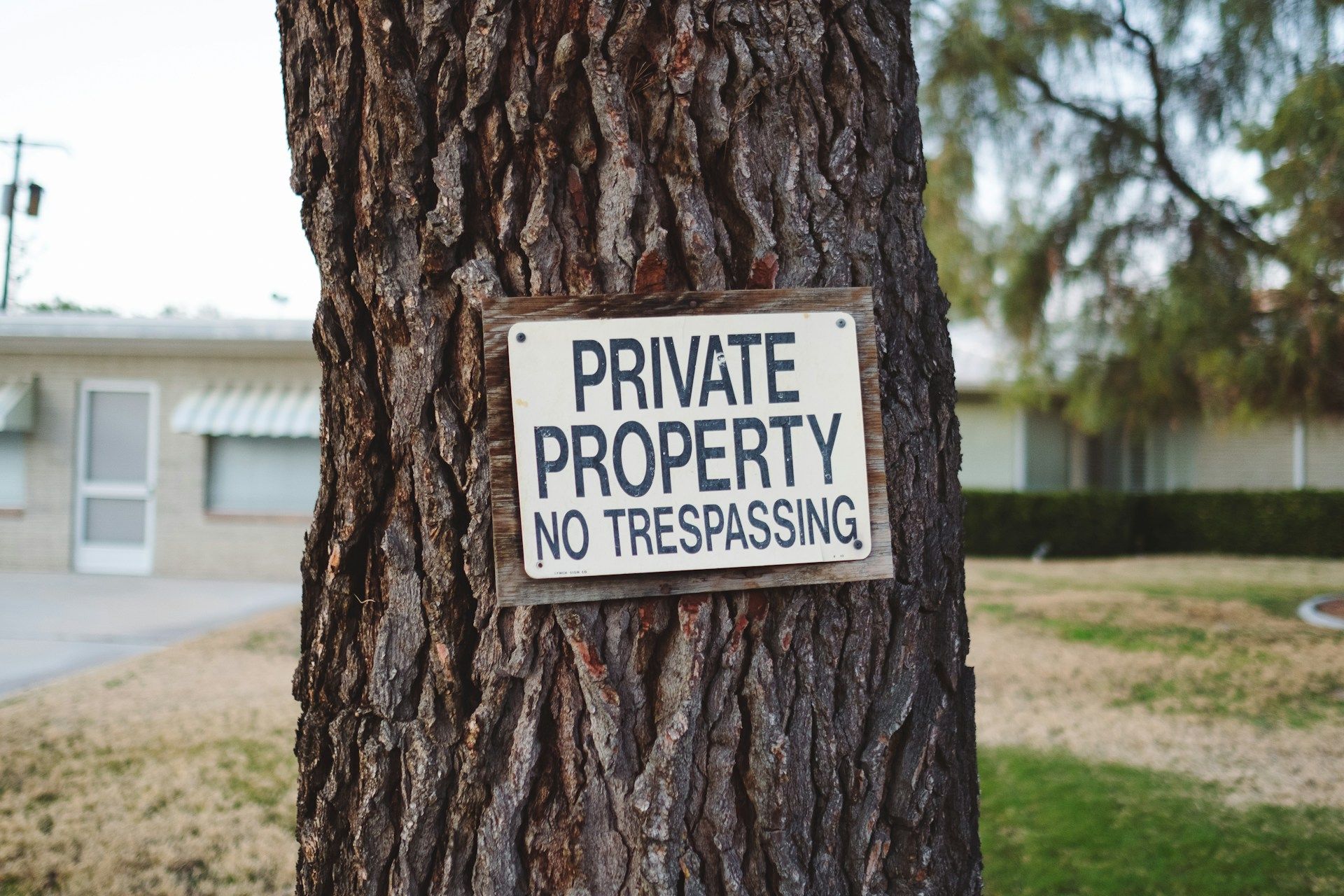 Private property sign hanging on a tree