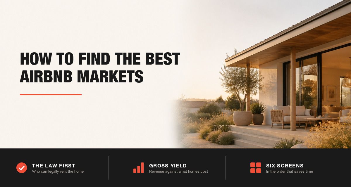 Modern single-story rental home with a shaded patio at golden hour, beside the title How to Find the Best Airbnb Markets