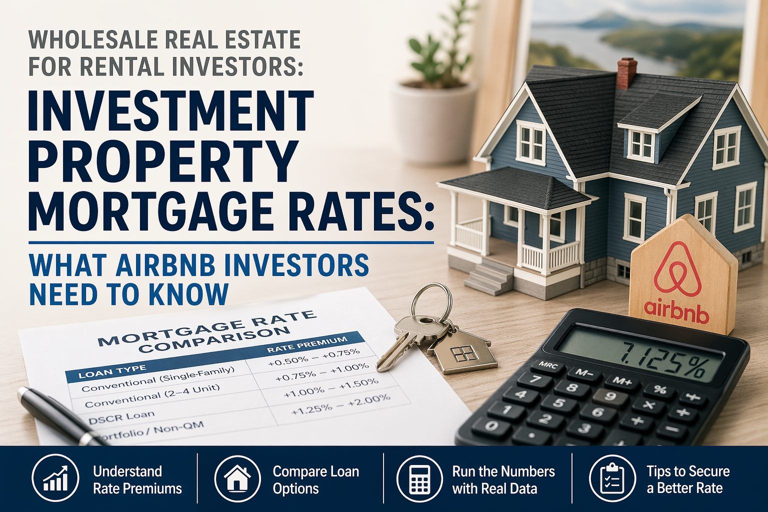 Airbnb investment property mortgage rate comparison infographic with loan types and rate premiums