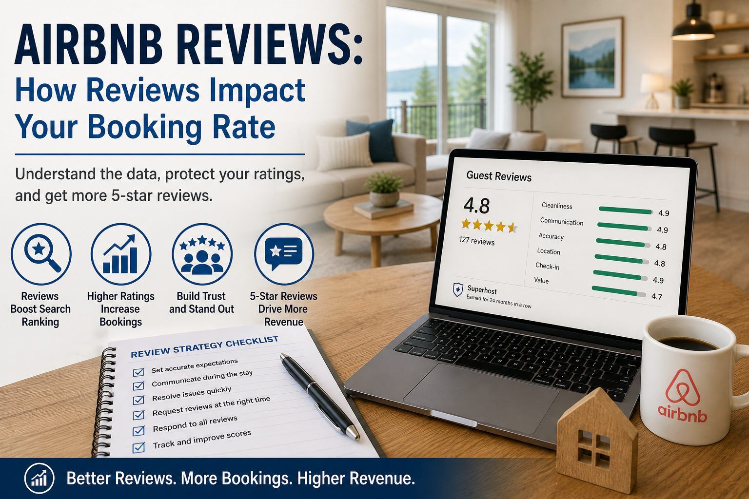 Airbnb reviews infographic showing 4.8-star rating data and checklist to boost STR booking rate and host   revenue