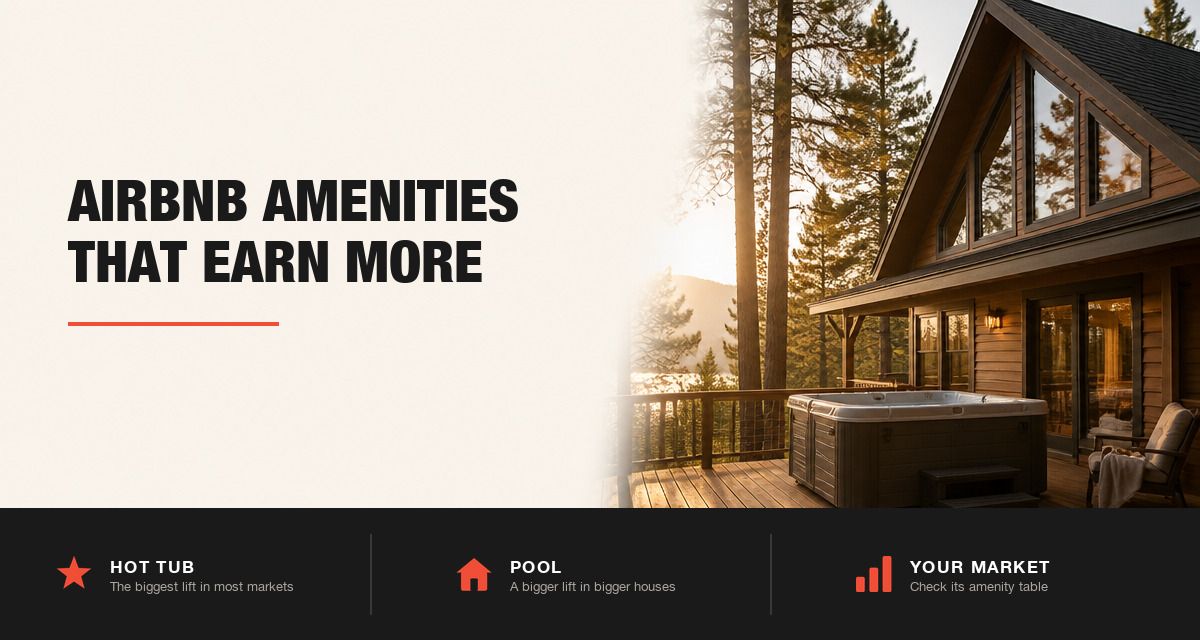 Mountain rental cabin with a hot tub on the deck at golden hour, beside the title Airbnb Amenities That Earn More