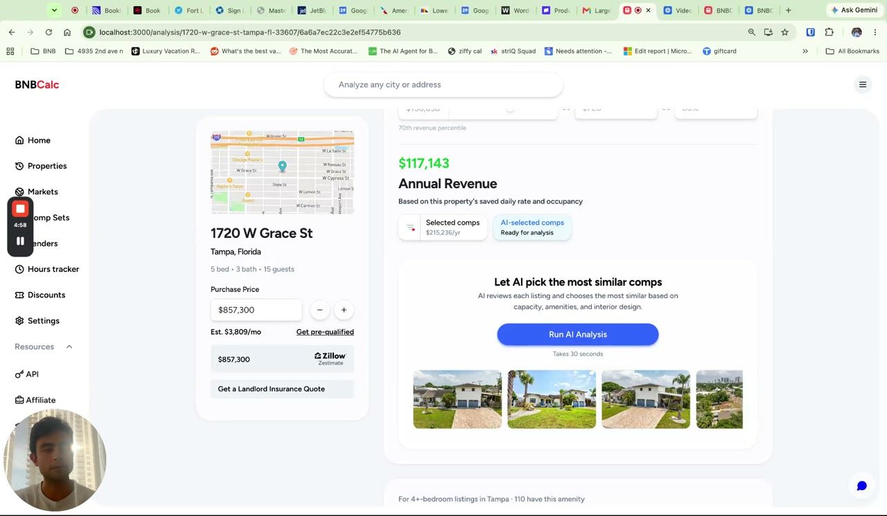 BNBCalc analysis showing AI-selected comparable short-term rental properties used to project revenue