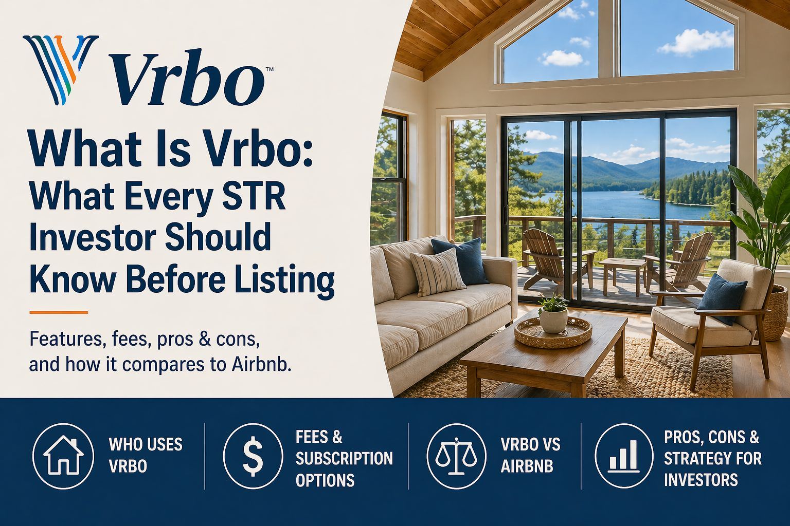 Vrbo guide infographic for STR investors: fees, subscription options, and Vrbo vs Airbnb comparison