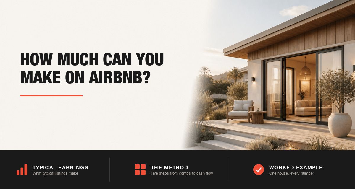 Modern short-term rental house with a stone patio at golden hour, beside the title How Much Can You Make on Airbnb?