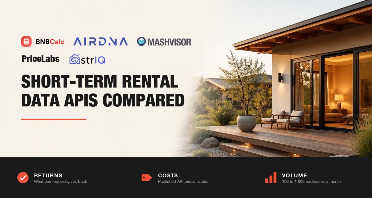 BNBCalc, AirDNA, Mashvisor, PriceLabs and strIQ logos beside the title Short-Term Rental Data APIs Compared