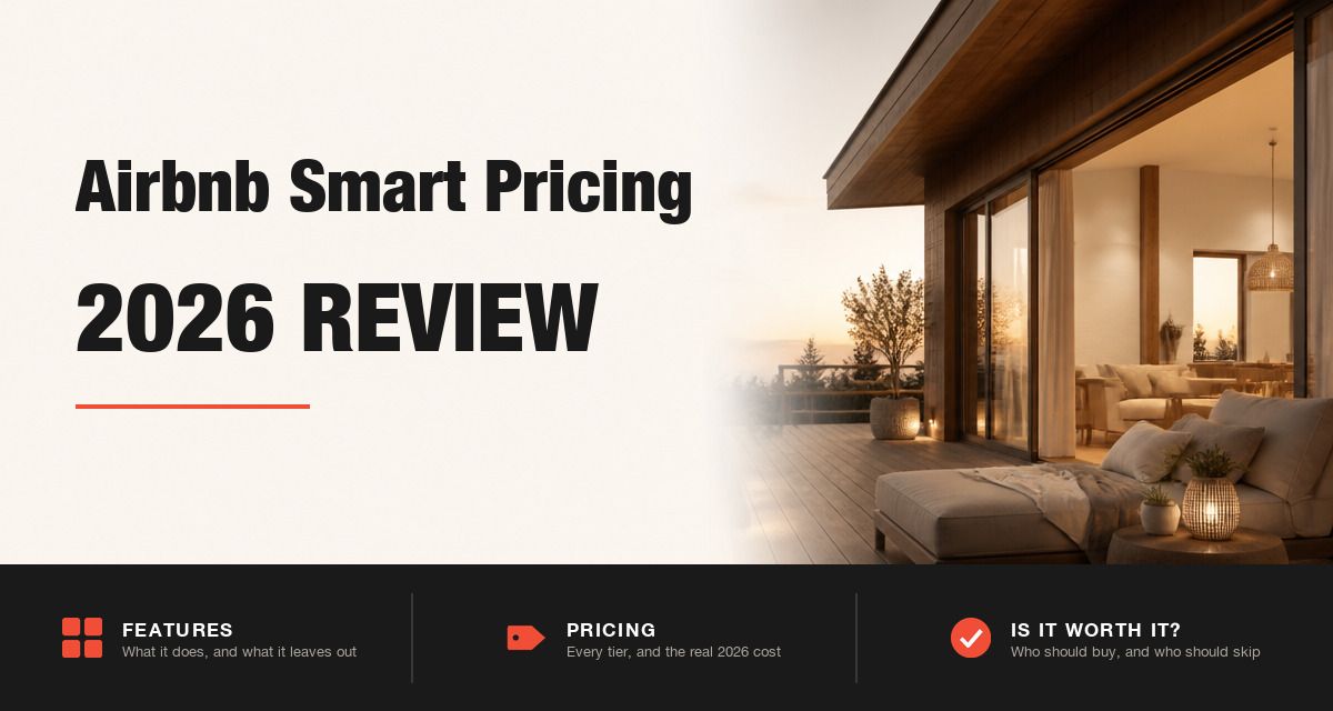 Airbnb Smart Pricing 2026 review hero image: Airbnb Smart Pricing branding beside a modern cabin at dusk