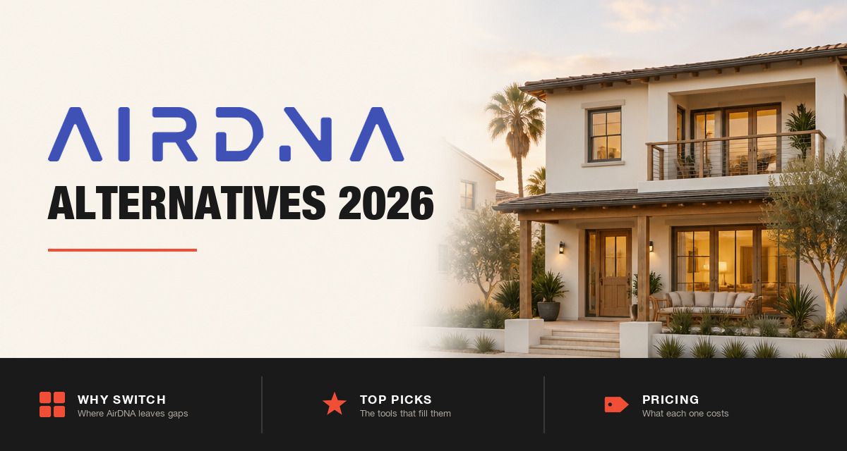 AirDNA logo beside a modern short-term rental home, best AirDNA alternatives 2026