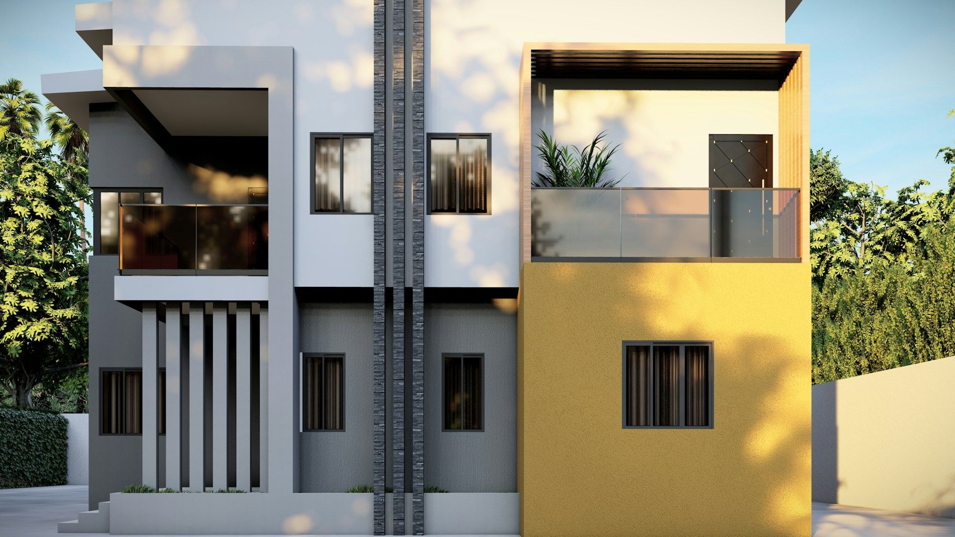 A yellow and white building with two balconies