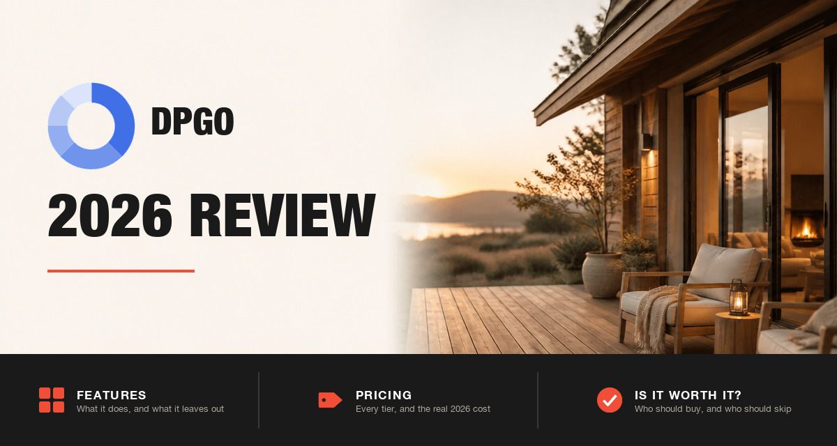 DPGO 2026 review hero image: DPGO branding beside a modern cabin at dusk