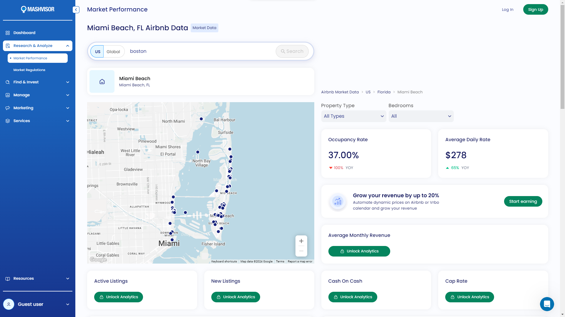 Using Mashvisor to analyze the Miami Beach area.