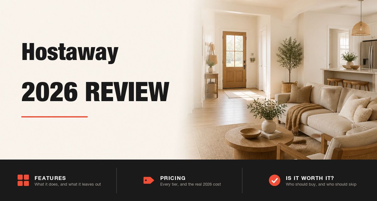Hostaway 2026 review hero image: Hostaway branding beside a staged rental living room