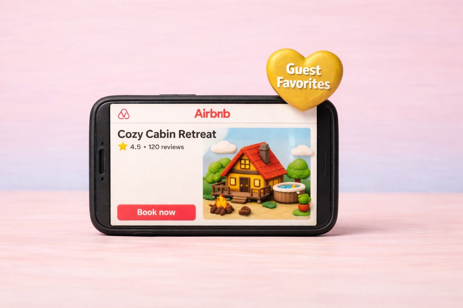Claymation style Airbnb listing on a phone with a gold Guest Favorites badge