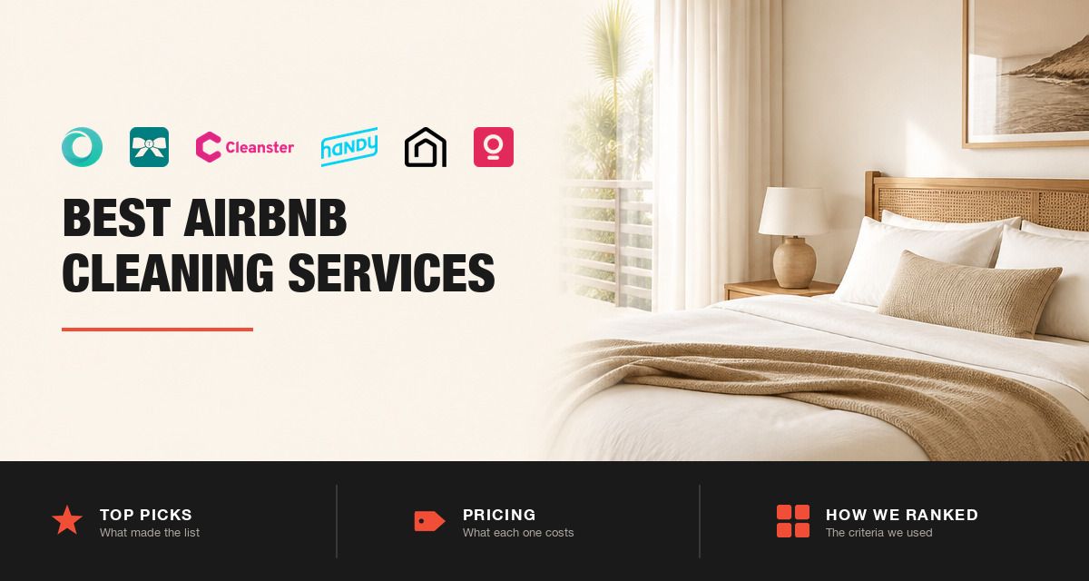 Airbnb cleaning service logos beside a freshly made bed in a rental bedroom