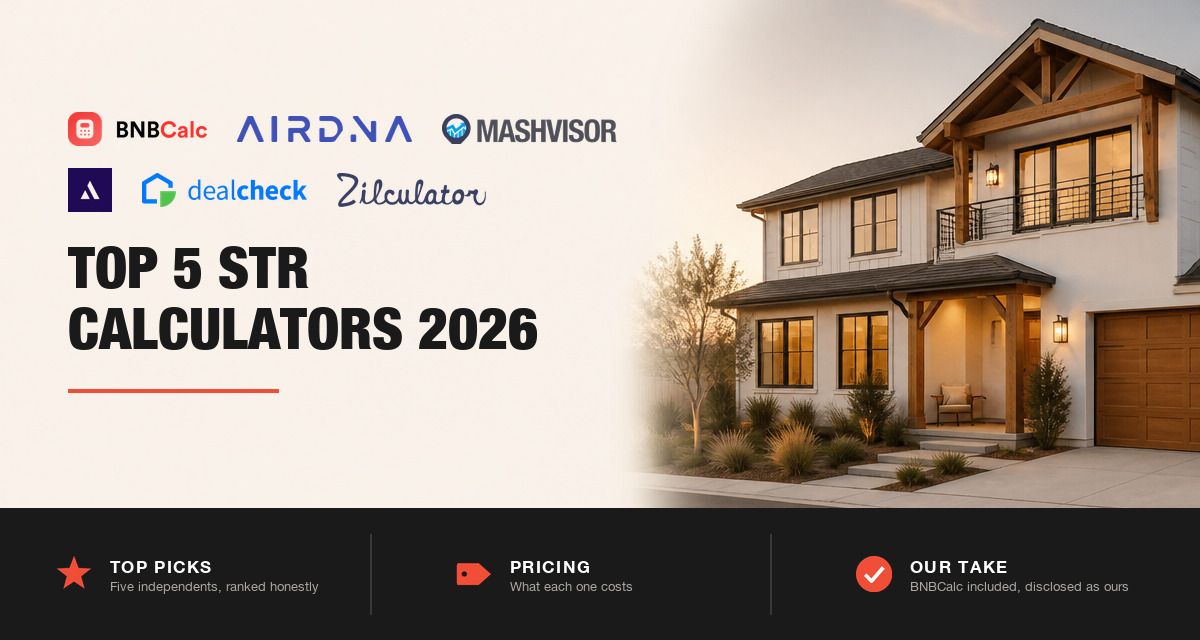 STR calculator logos beside a modern short-term rental home at golden hour, top 5 for 2026