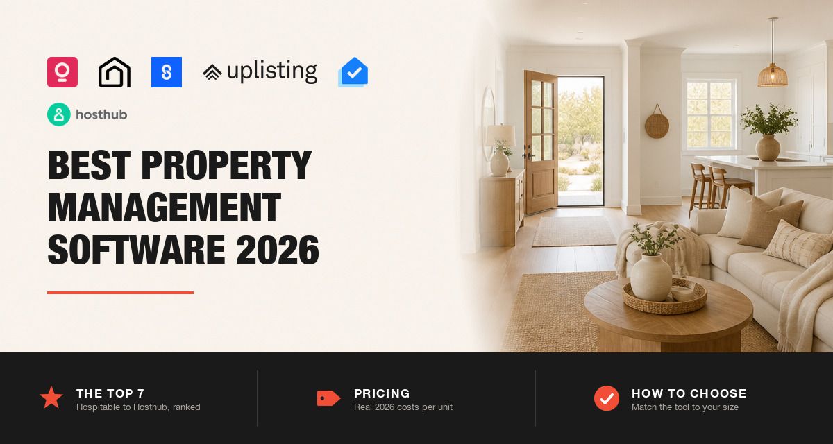 Property management software logos beside a staged rental living room, best PMS 2026