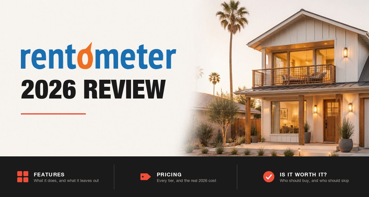 Rentometer 2026 review hero image: Rentometer branding beside a modern rental home at golden hour