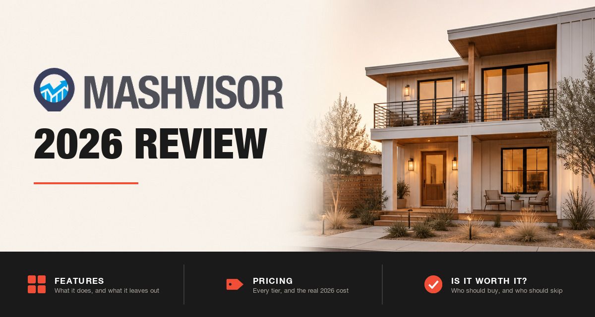 Mashvisor 2026 review hero image: Mashvisor branding beside a modern rental home at golden hour