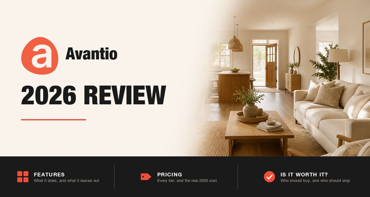 Avantio 2026 review hero image: Avantio branding beside a staged rental living room