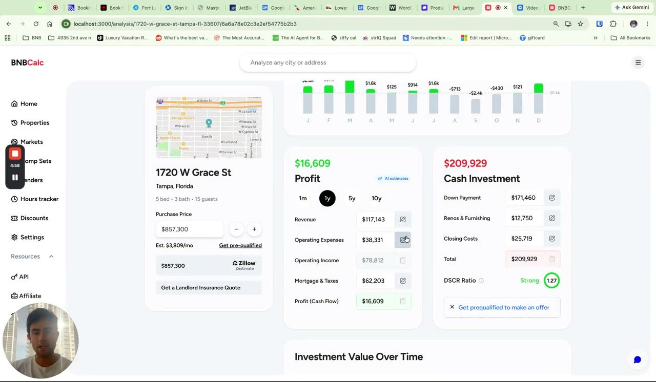 BNBCalc financial summary showing property-specific AI expense estimates