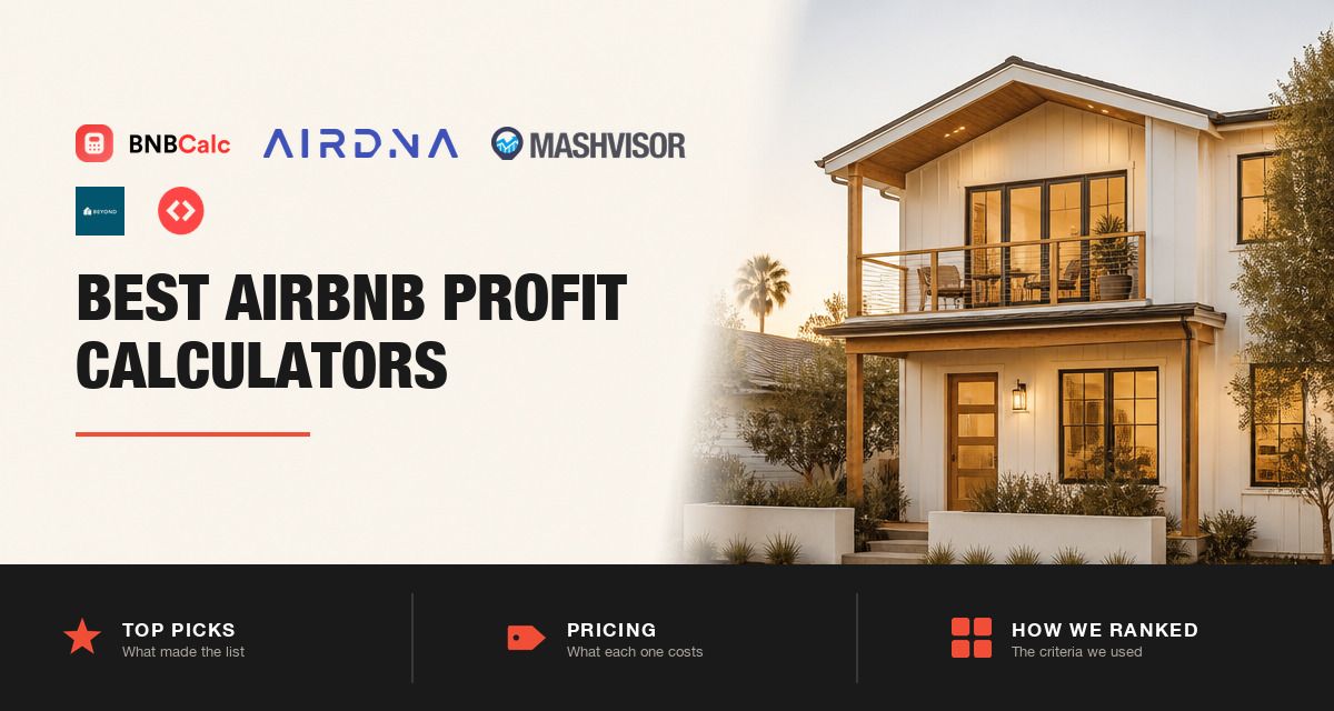 Airbnb profit calculator logos beside a modern short-term rental home at golden hour