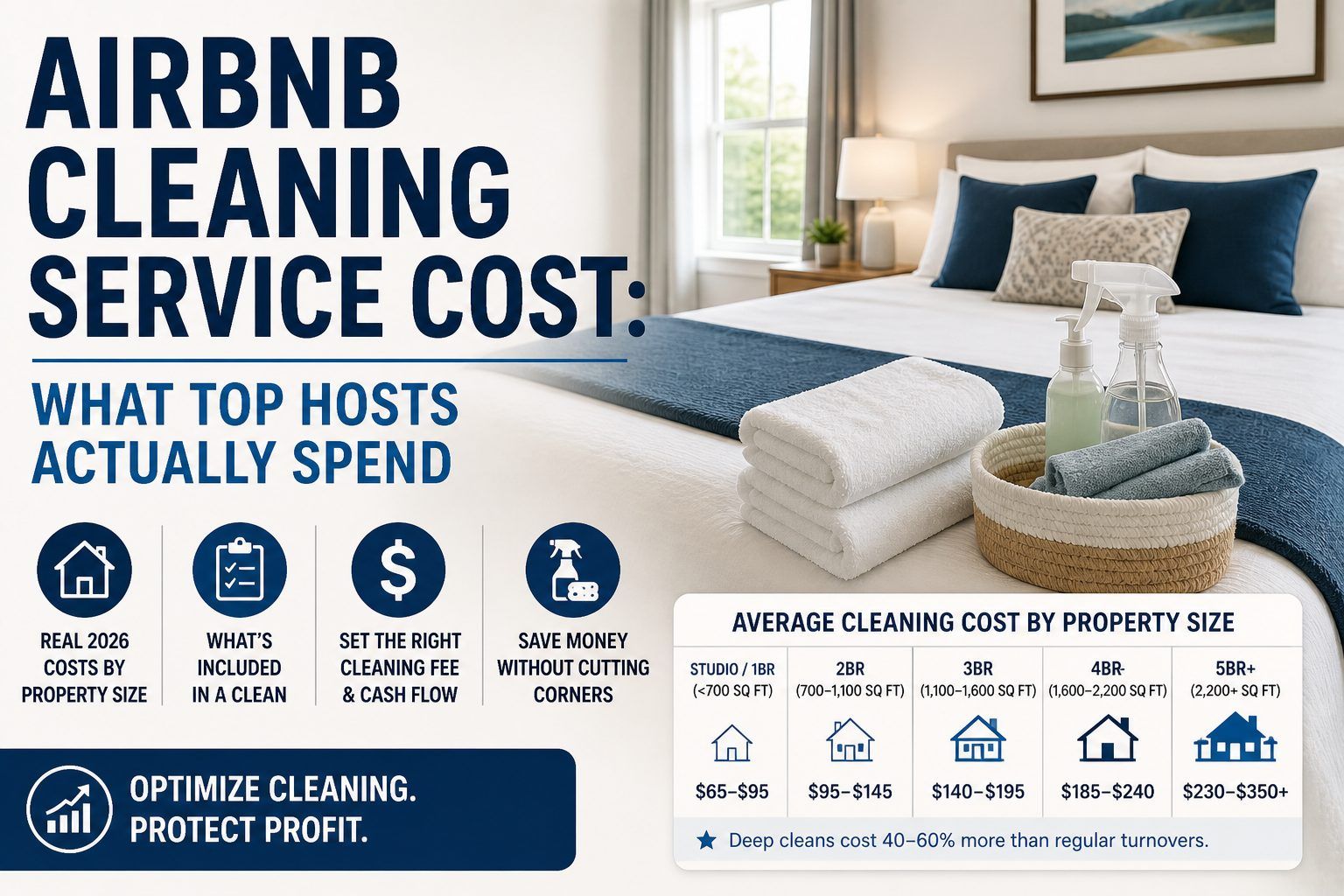 Airbnb cleaning service cost infographic for STR hosts with 2026 average rates by property size from $65 to $350