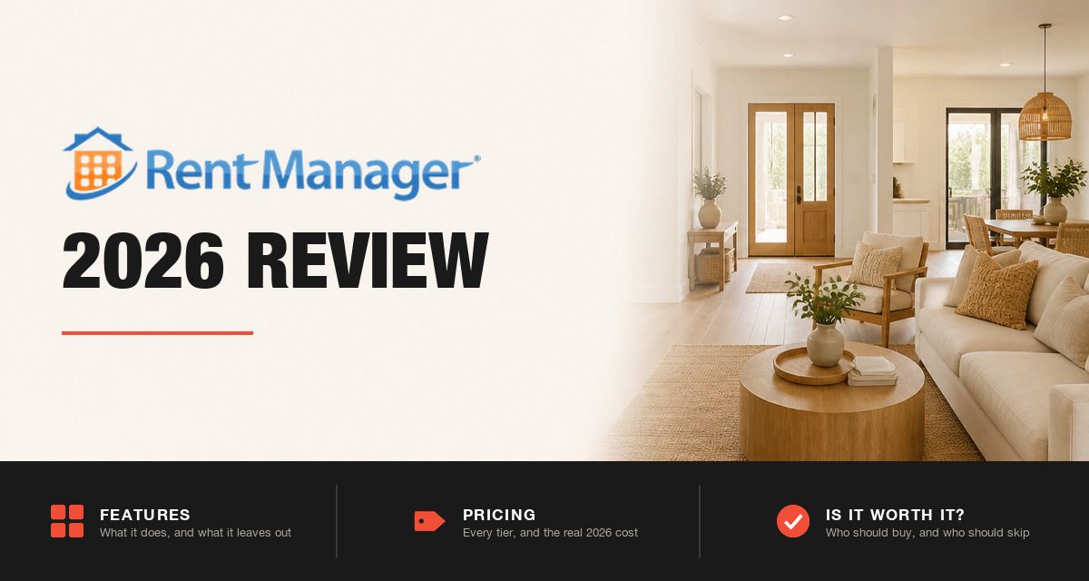Rent Manager 2026 review hero image: Rent Manager branding beside a staged rental living room