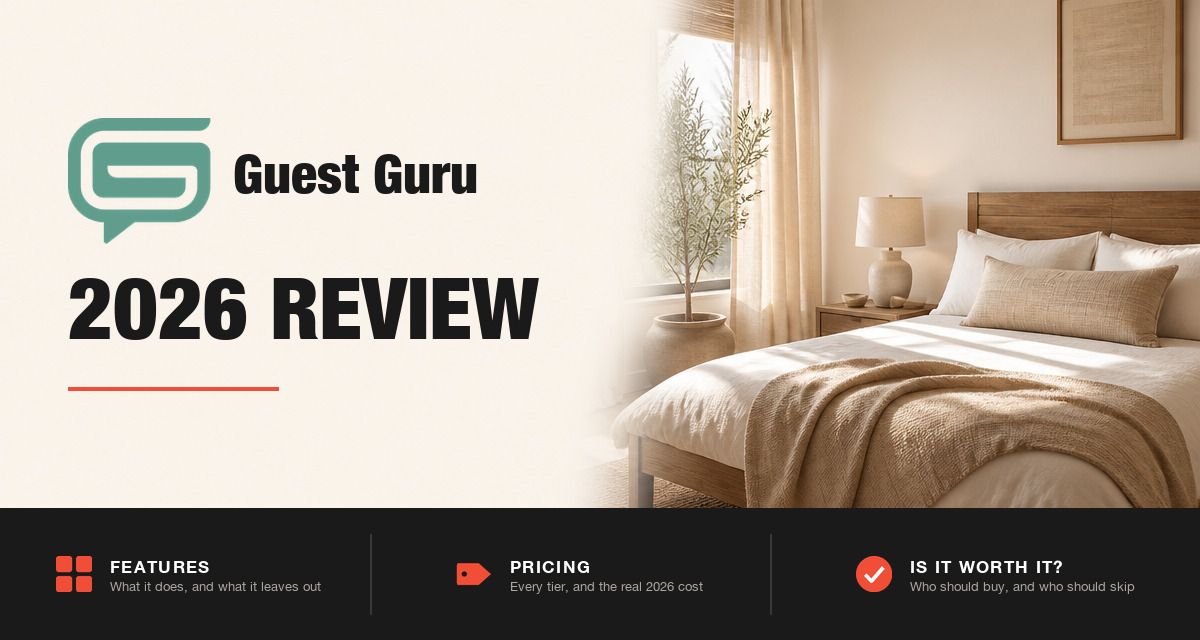 Guest Guru 2026 review hero image: Guest Guru branding beside a styled rental bedroom