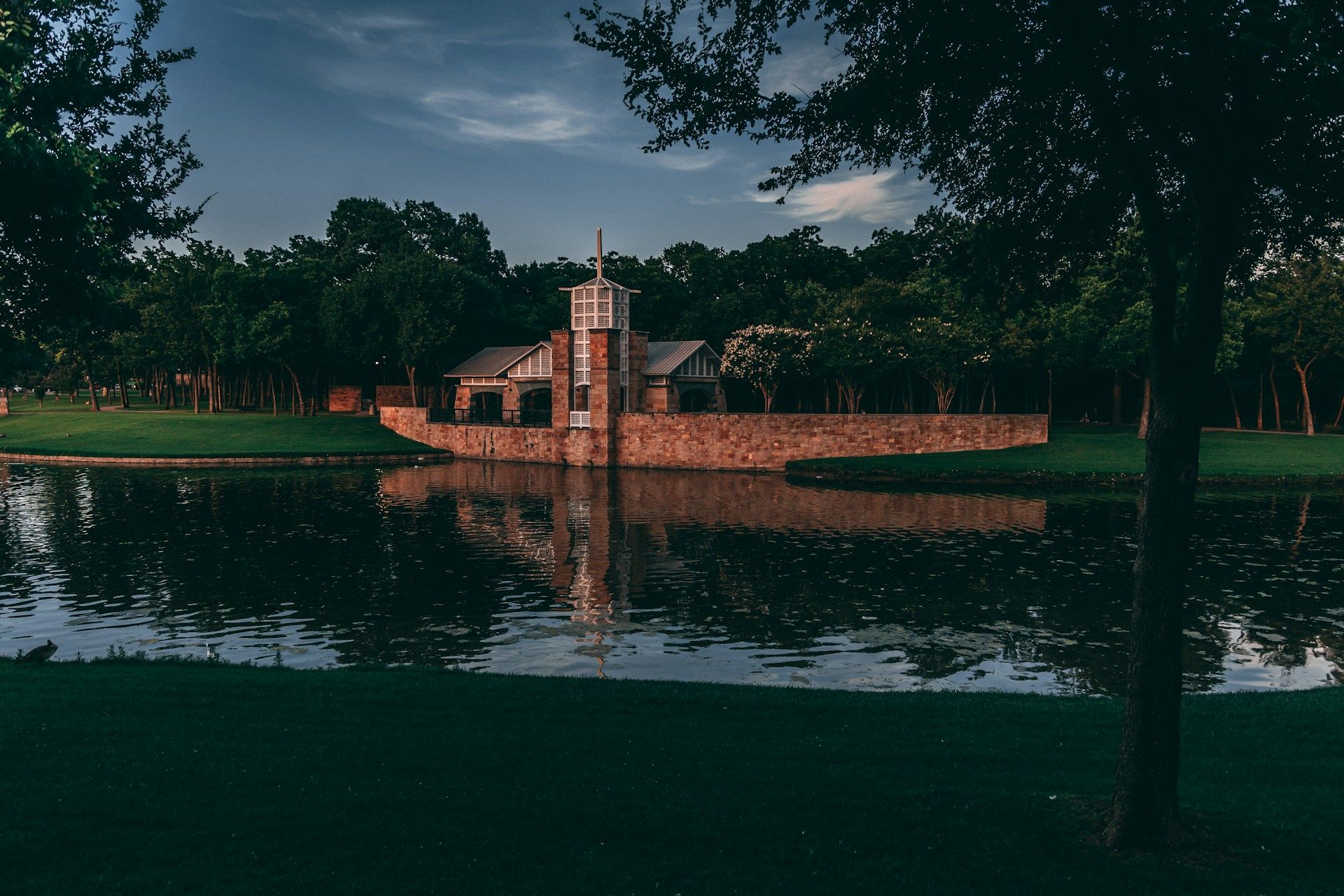 A shot of the building for shade across the water in Irving.