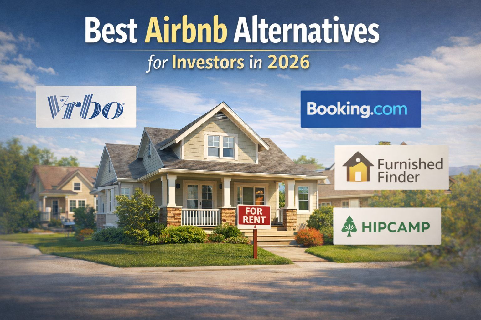   A rental home with a "For Rent" sign surrounded by logos for Vrbo, Booking.com, Furnished Finder, and Hipcamp,   representing the best Airbnb alternatives for short-term rental investors in 2026.