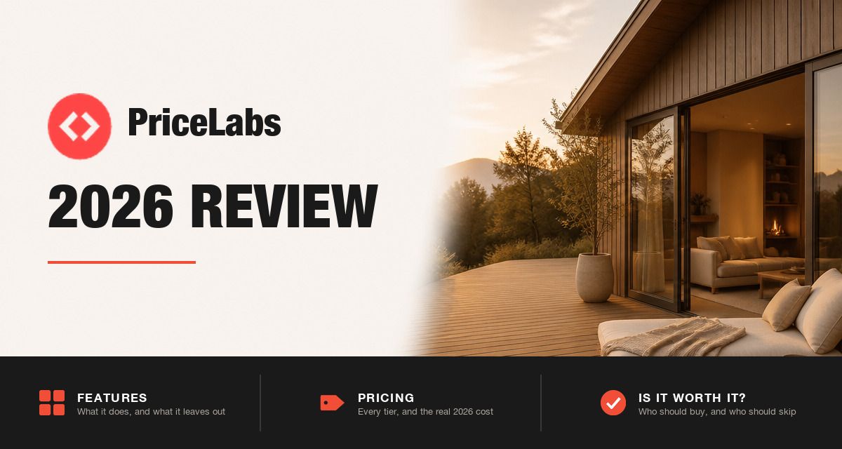 PriceLabs 2026 review hero image: PriceLabs branding beside a modern cabin at dusk