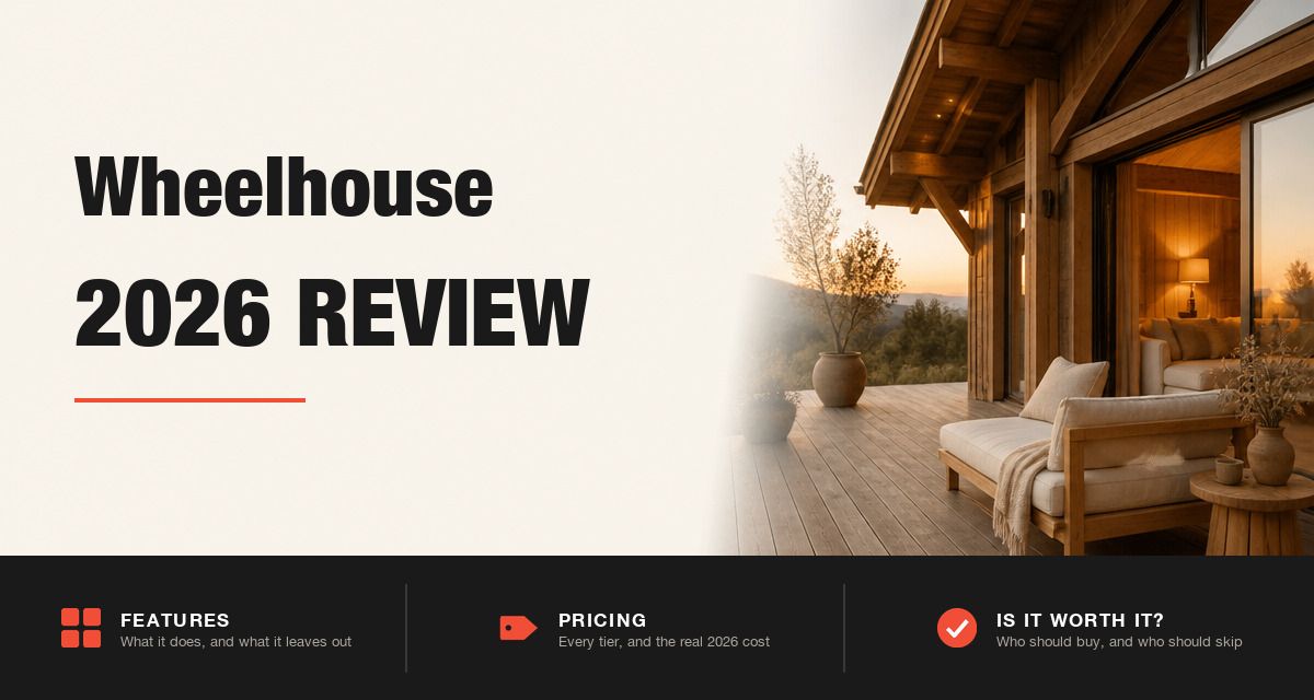 Wheelhouse 2026 review hero image: Wheelhouse branding beside a modern cabin at dusk