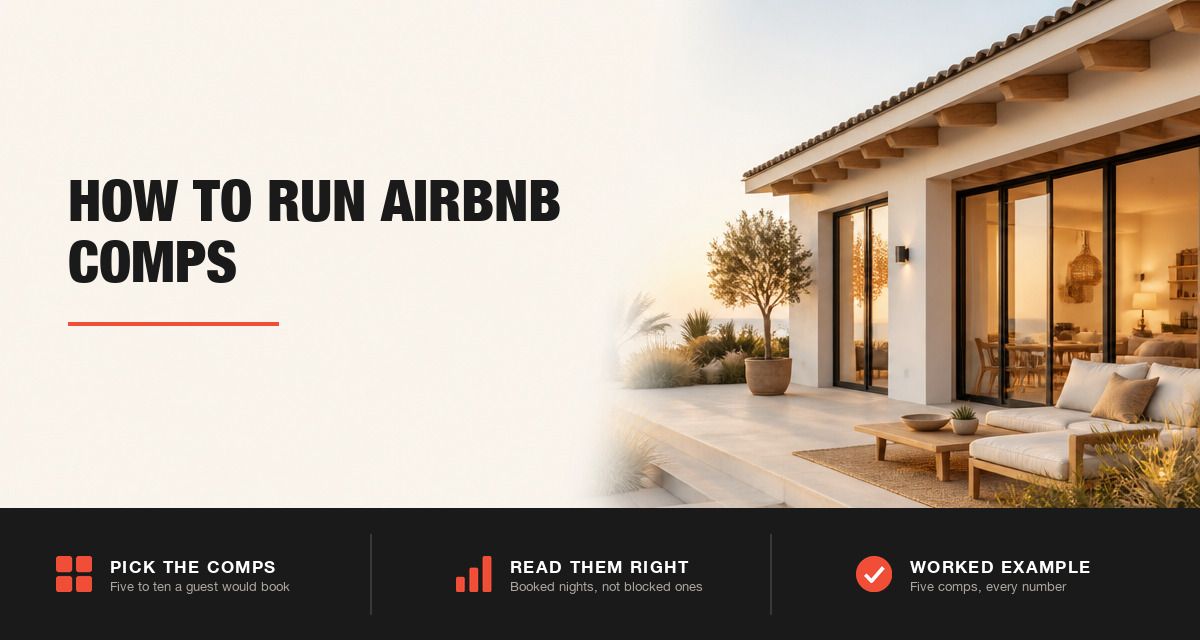 Modern stucco short-term rental with a furnished patio at sunset, beside the title How to Run Airbnb Comps