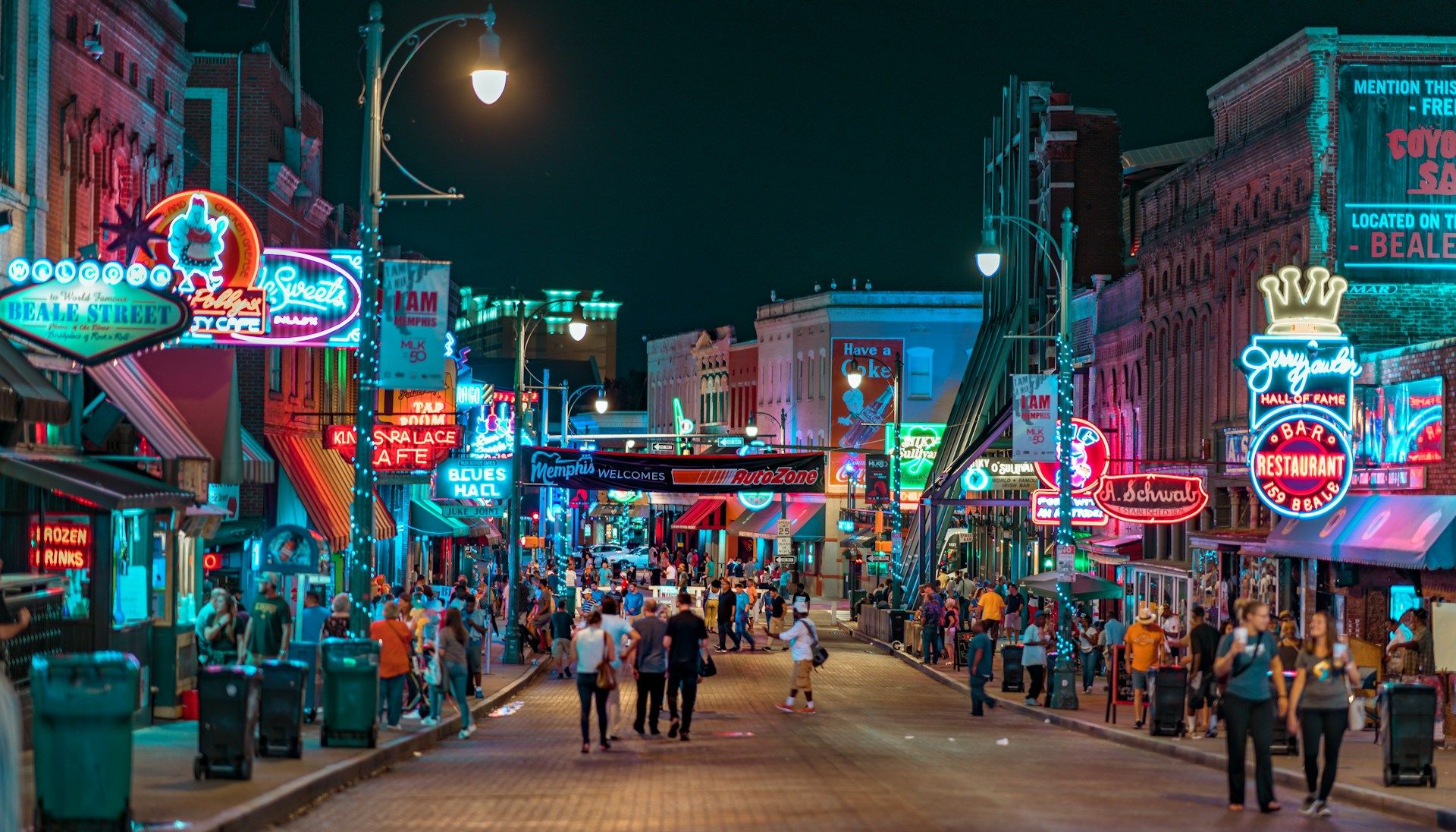 A photo featuring the Memphis city streets at night