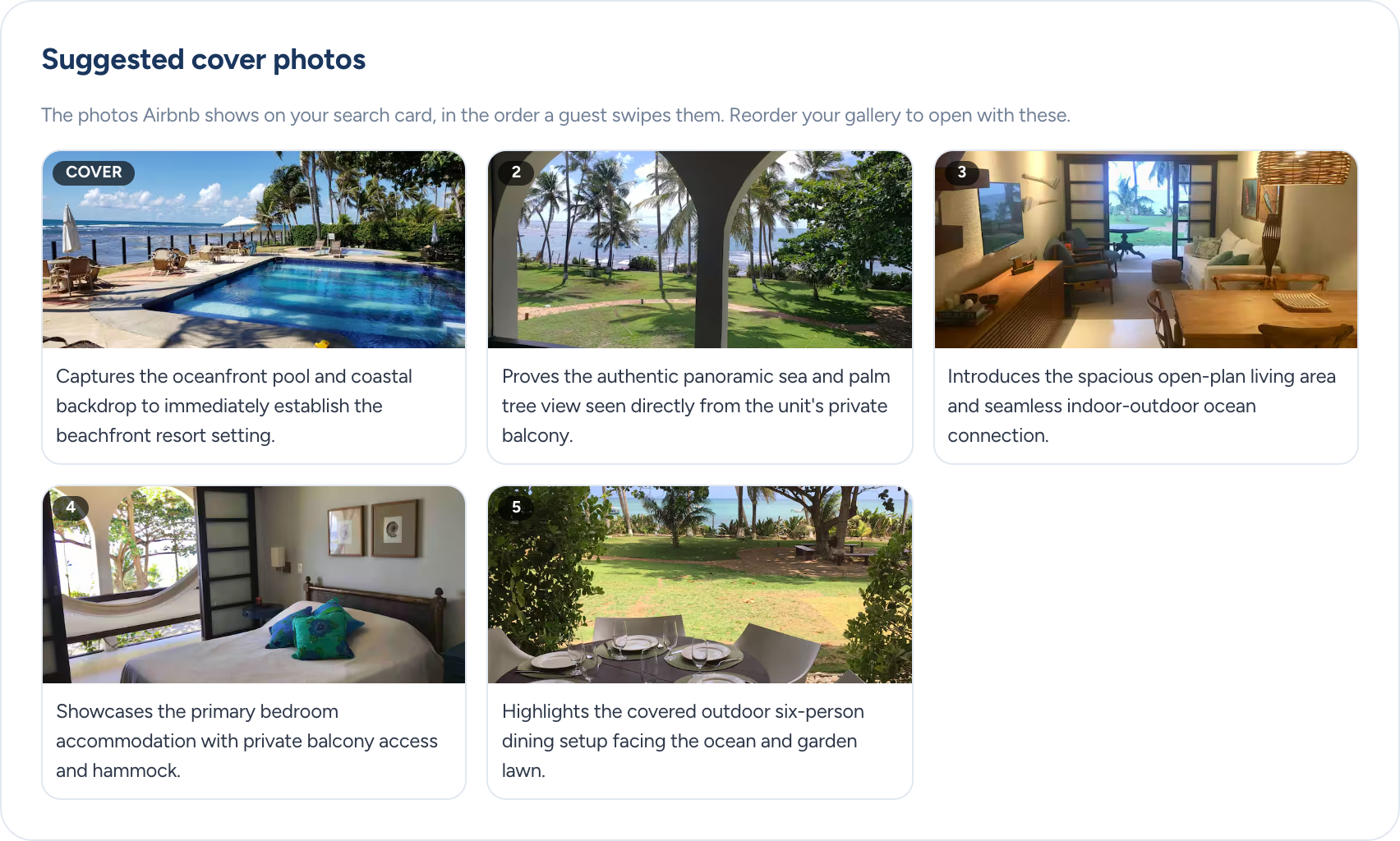 BNBCalc Airbnb Listing Optimizer report showing a suggested cover photo and first five gallery photos with reasons for each choice.