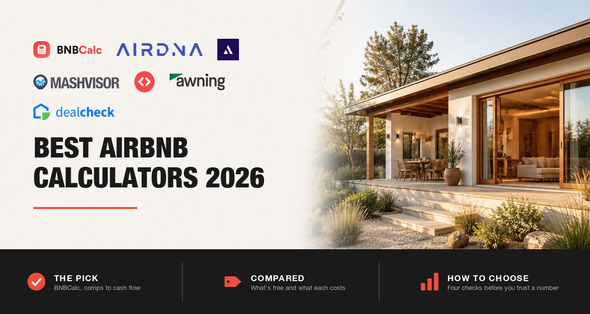 Logos of BNBCalc, AirDNA, Rabbu, Mashvisor, PriceLabs, Awning and DealCheck beside the title Best Airbnb Calculators 2026