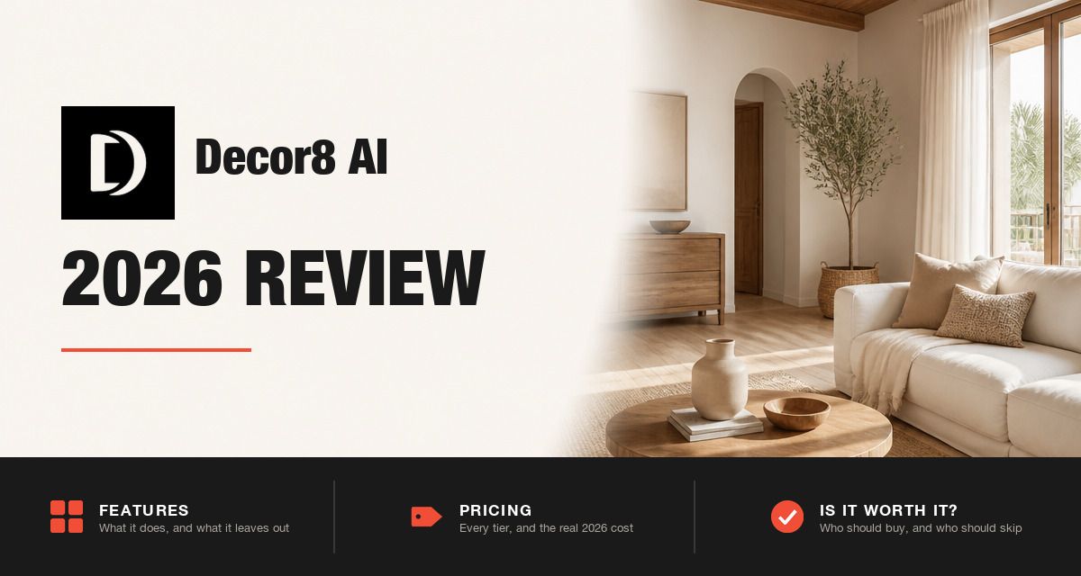 Decor8 AI 2026 review hero image: Decor8 AI branding beside a designer-styled rental room