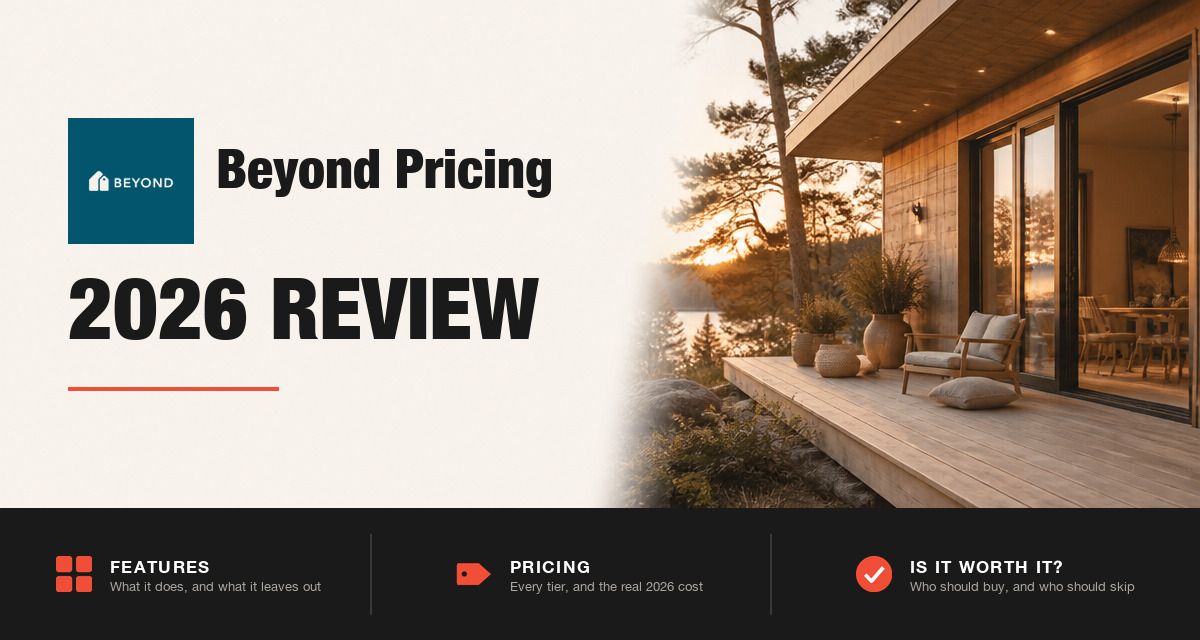Beyond Pricing 2026 review hero image: Beyond Pricing branding beside a modern cabin at dusk