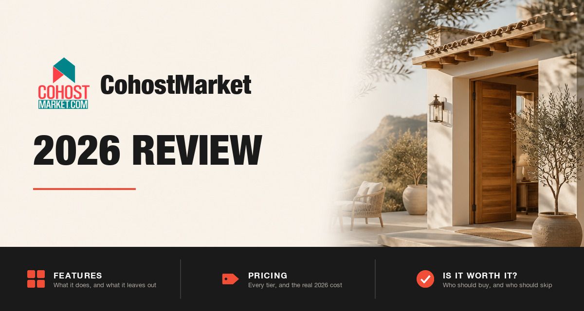 CohostMarket 2026 review hero image: CohostMarket branding beside a rental exterior in afternoon light