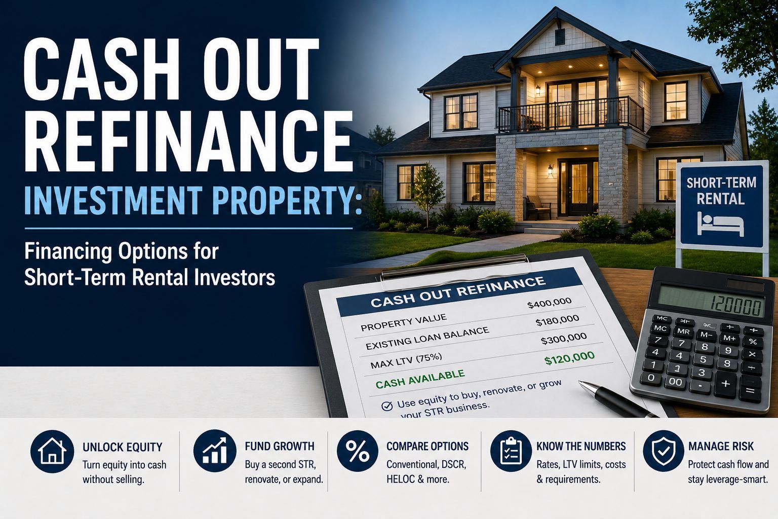 Cash out refinance investment property infographic with LTV limits and financing options for STR investors