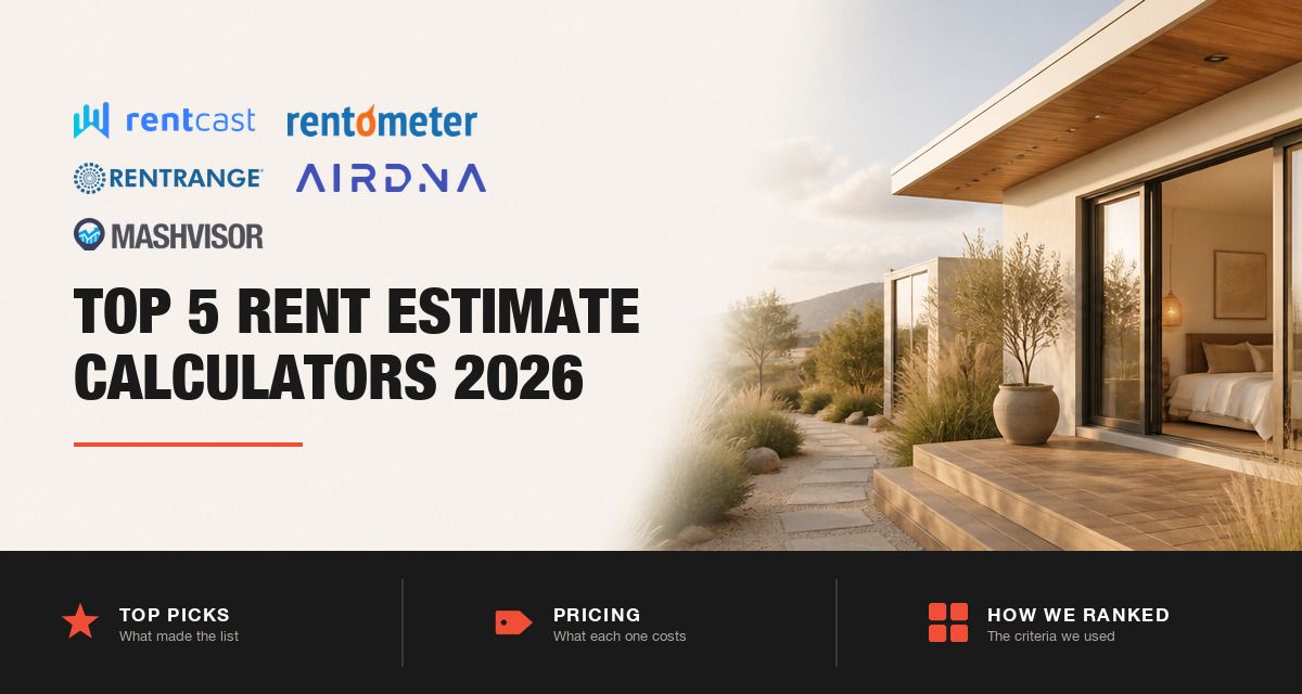 Rent estimate calculator logos beside a modern short-term rental home, top picks 2026
