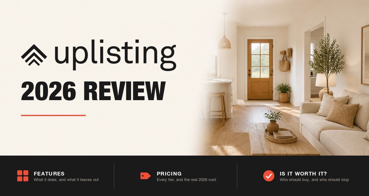 Uplisting 2026 review hero image: Uplisting branding beside a staged rental living room