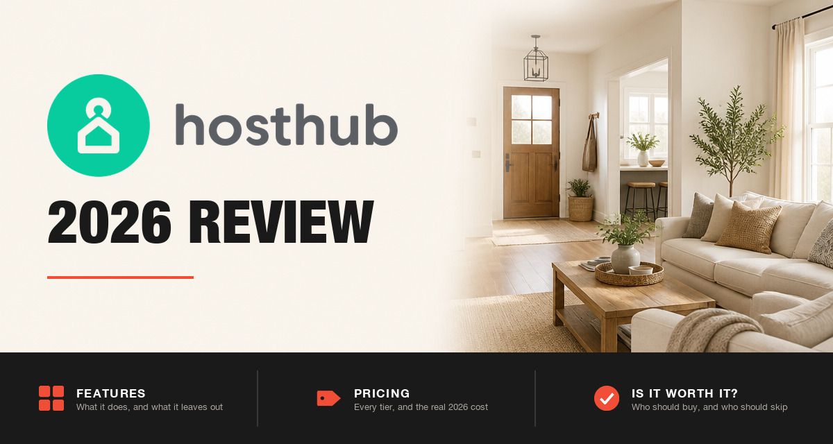 Hosthub 2026 review hero image: Hosthub branding beside a staged rental living room