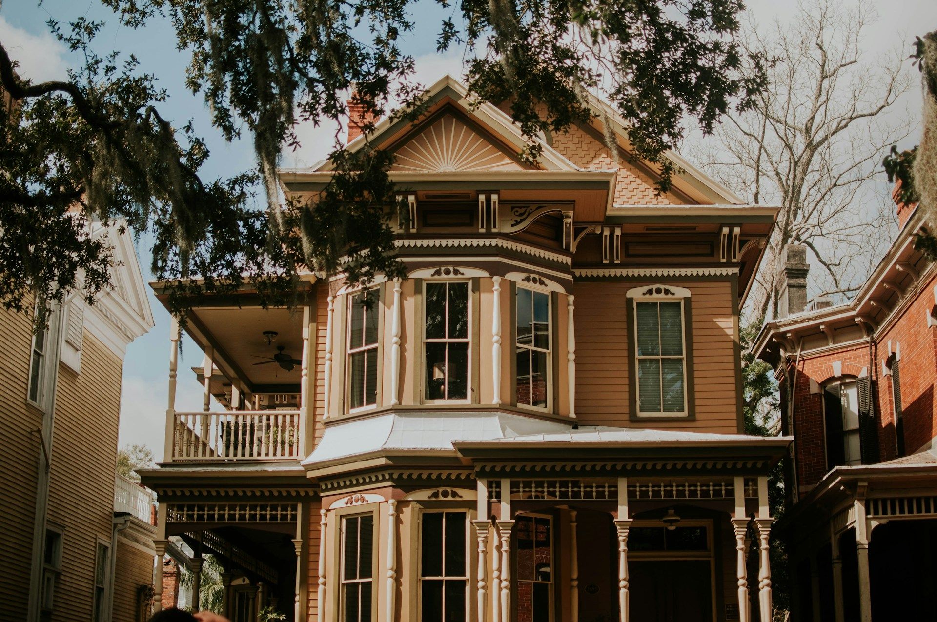  A beige two-story house