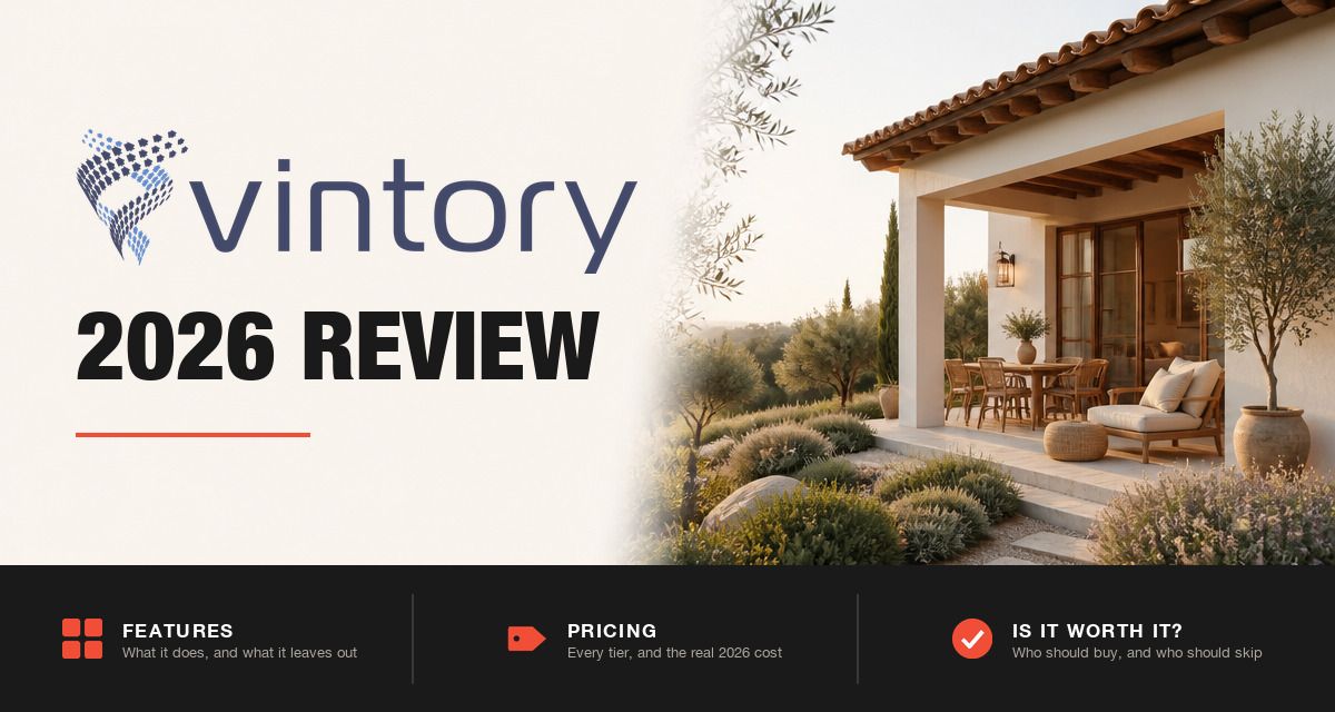 Vintory 2026 review hero image: Vintory branding beside a vacation rental at golden hour