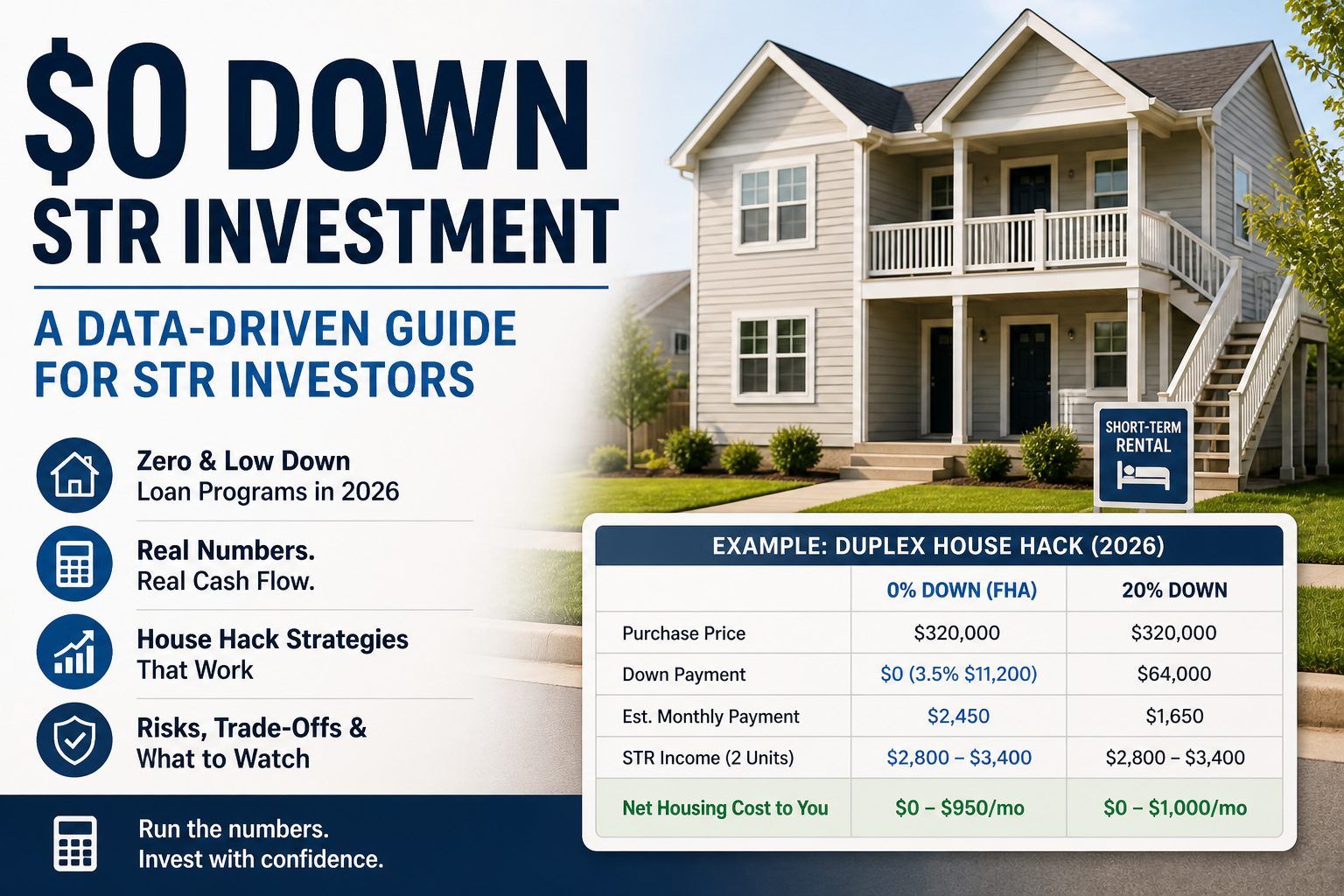 No money down STR investment guide comparing FHA and 20% down on $320K duplex with house hack cash flow data