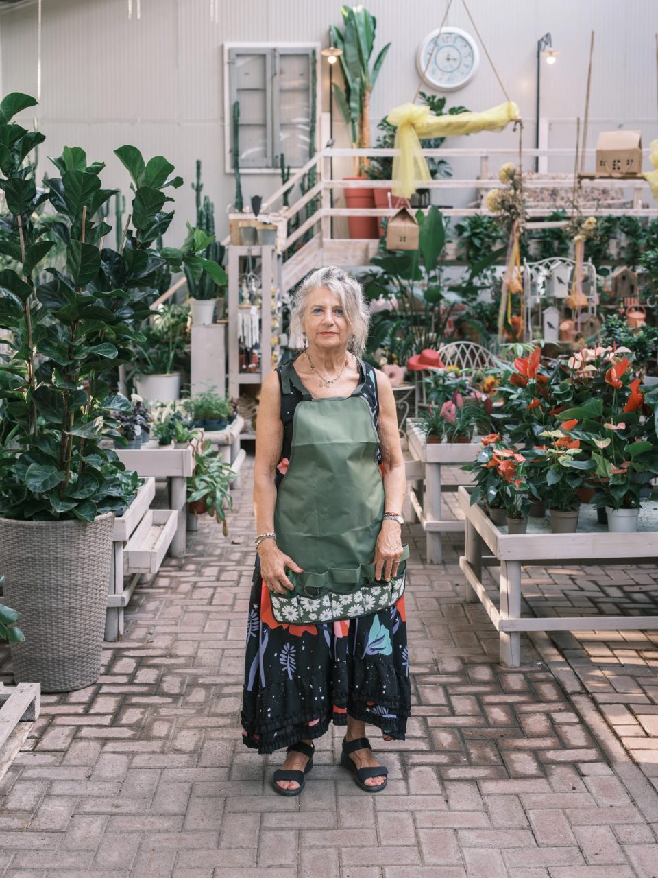 Florist standing among plants and flowers